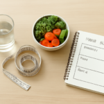 Gezonde voeding, maatband en notitieboek symboliseren afvallen zonder operatie