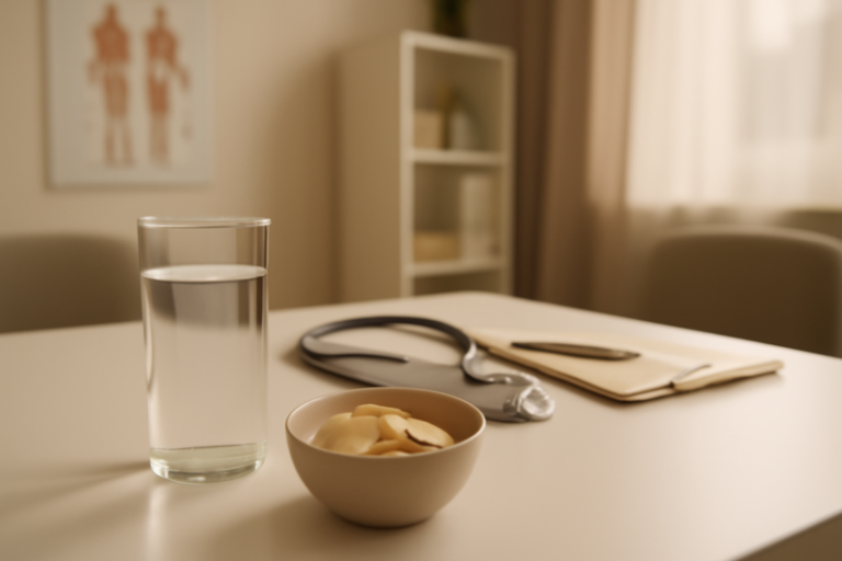 Glas water en licht voedsel op tafel na plaatsing van een maagballon