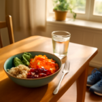 Gezonde voeding op tafel met hardloopschoenen ernaast als symbool voor een actieve leefstijl