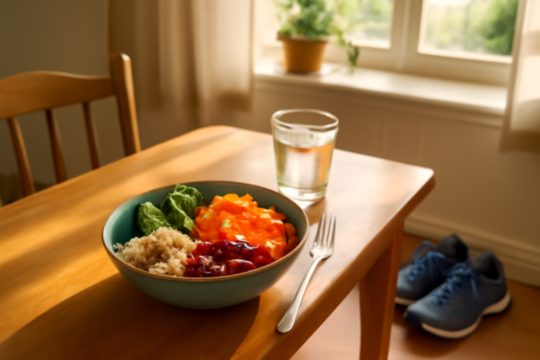 Gezonde voeding op tafel met hardloopschoenen ernaast als symbool voor een actieve leefstijl