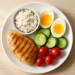 Eiwitrijk bord met kip, eieren en cottage cheese voor afvallen met maagballon
