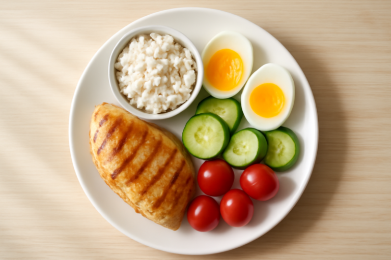 Eiwitrijk bord met kip, eieren en cottage cheese voor afvallen met maagballon