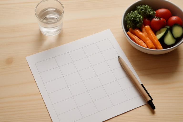 Weekplanner met gezonde voeding naast een glas water, symbool voor maagballon traject