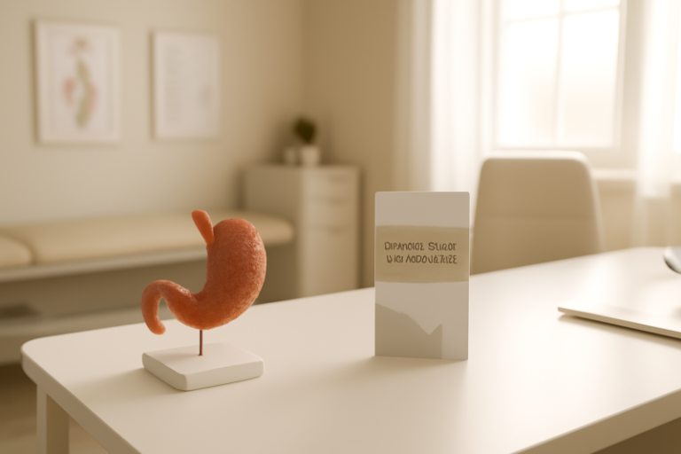 Medisch model van een maag op een bureau in een rustige behandelkamer