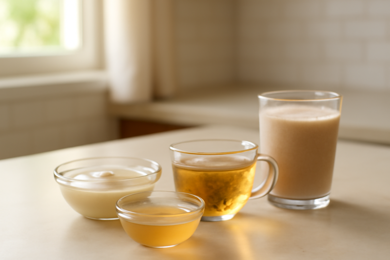 Kleine porties vloeibare voeding op een keukentafel: yoghurt, bouillon, thee en eiwitshake