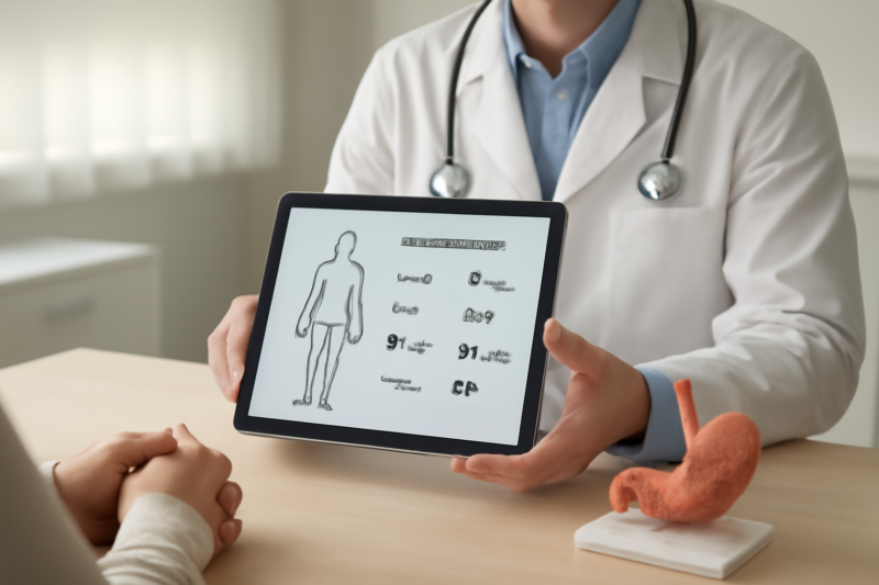 Arts bekijkt gezondheidsgegevens op tablet tijdens consult over maagballon geschiktheid