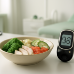 Gezonde maaltijd naast een glucosemeter, symbool voor maagballon en diabetes type 2