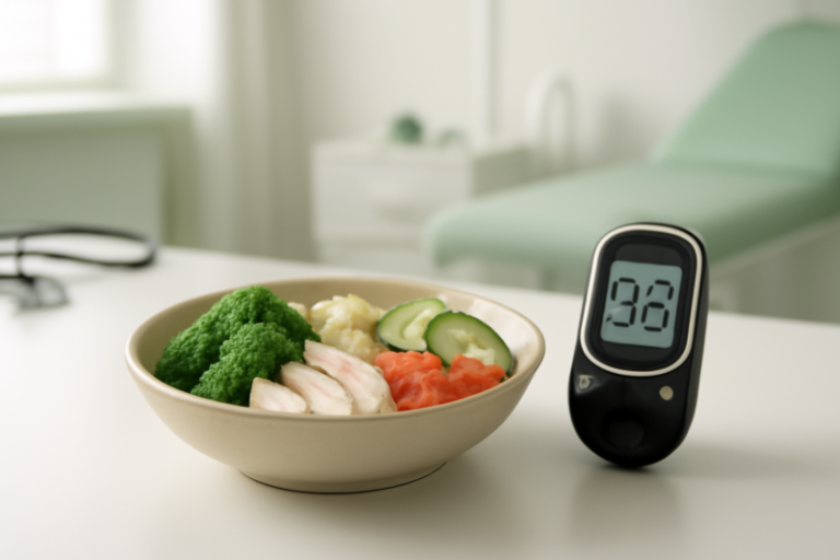 Gezonde maaltijd naast een glucosemeter, symbool voor maagballon en diabetes type 2