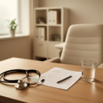 Medische consultatie met financieel document en pen op bureau in heldere kliniek