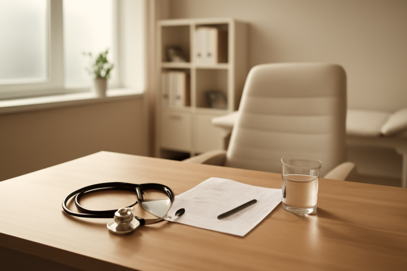 Medische consultatie met financieel document en pen op bureau in heldere kliniek
