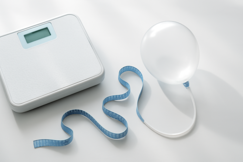 Weegschaal, meetlint en maagballon model als symbool voor BMI-vergelijking