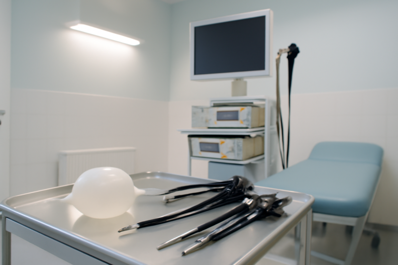 Verwijderde maagballon op een medische dienblad in een kliniek