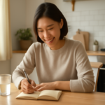 Persoon schrijft in notitieboekje aan keukentafel als mentale voorbereiding op gewichtsverlies
