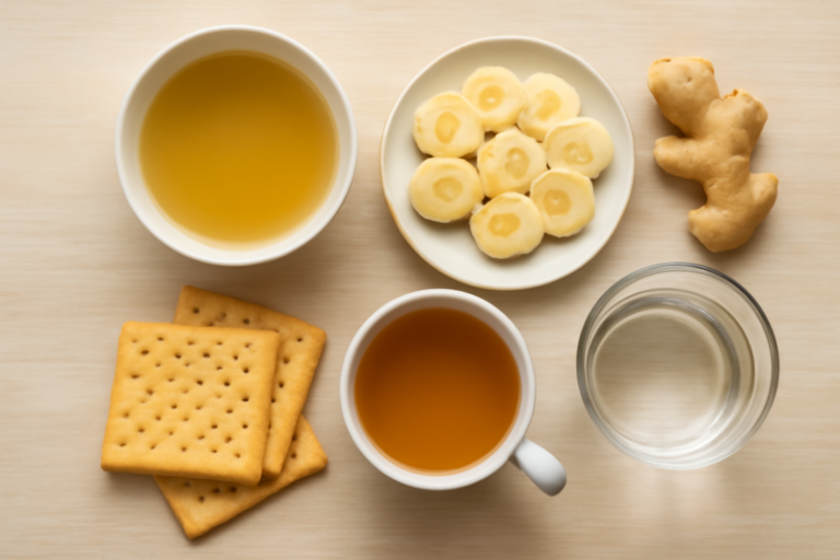 Lichte voeding zoals bouillon, banaan en gemberthee die misselijkheid na maagballon helpen