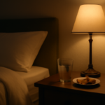 Rustige slaapkamer met warm lampje en glas water op het nachtkastje