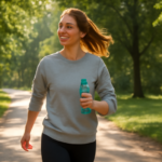 Persoon sport met maagballon door rustig te wandelen in een zonnig park