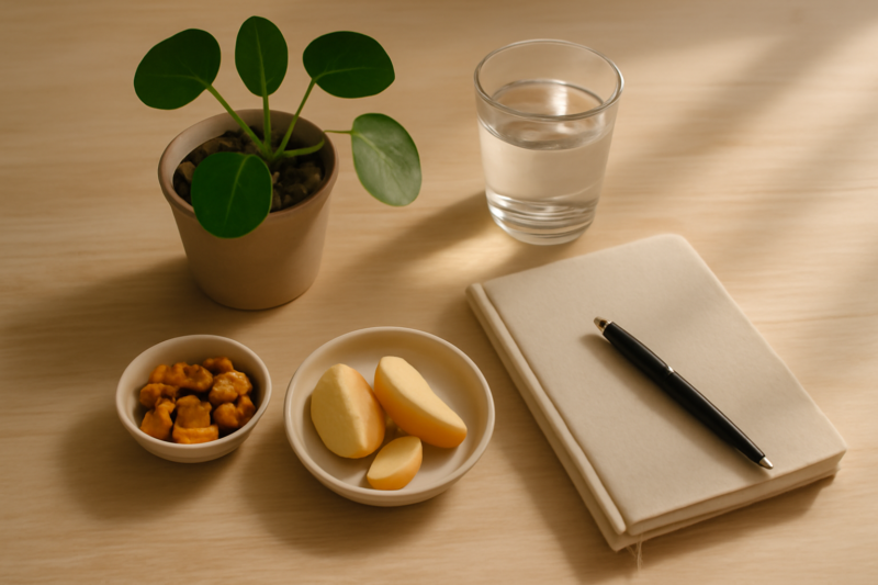 Rustgevende leefstijlobjecten symboliseren stressreductie en gezond gewichtsbeheer