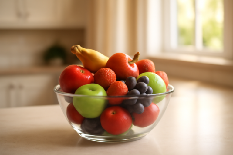 Kom met vers fruit op een keukentafel als gezond alternatief voor suikerrijke snacks