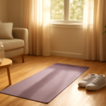 Yogamat en sportschoenen klaar voor een thuistraining bij een zonnig raam