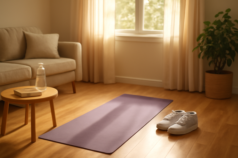 Yogamat en sportschoenen klaar voor een thuistraining bij een zonnig raam