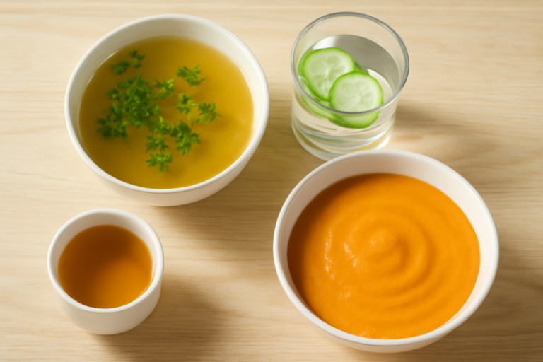 Kom bouillon, glas water en gepureerde soep als vloeibaar dieet na maagballon