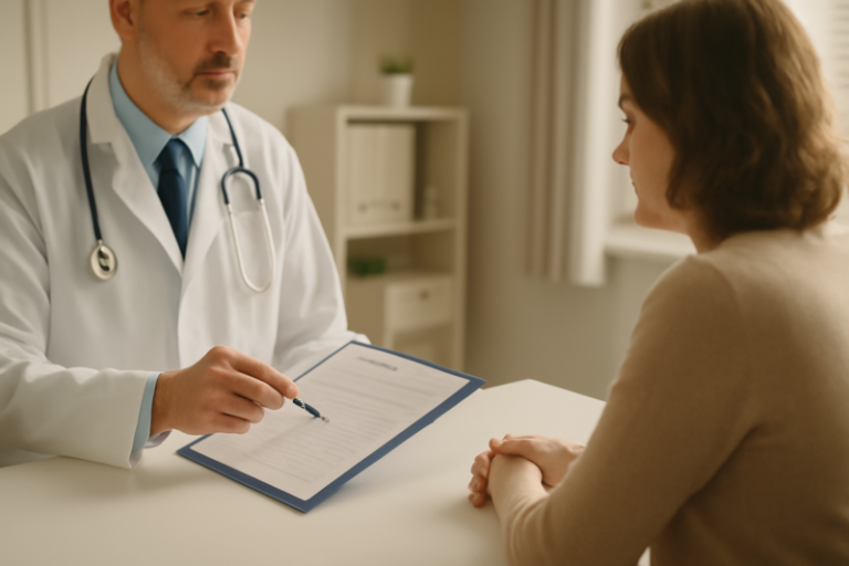 Arts bespreekt gewicht en bloedsuikerwaarden met een patiënt in een kliniek
