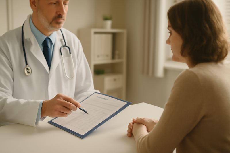 Arts bespreekt gewicht en bloedsuikerwaarden met een patiënt in een kliniek