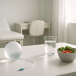 Maagballon en gezond eten op een tafel in een medische omgeving