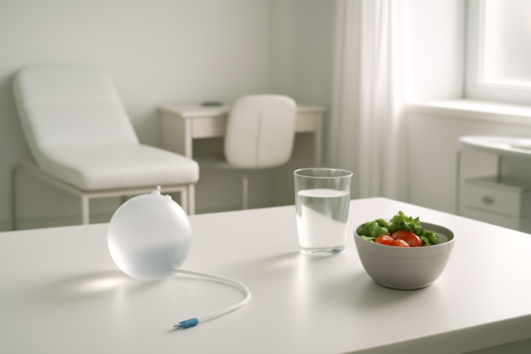 Maagballon en gezond eten op een tafel in een medische omgeving