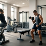 Persoon op hometrainer en persoon met dumbells in moderne sportschool