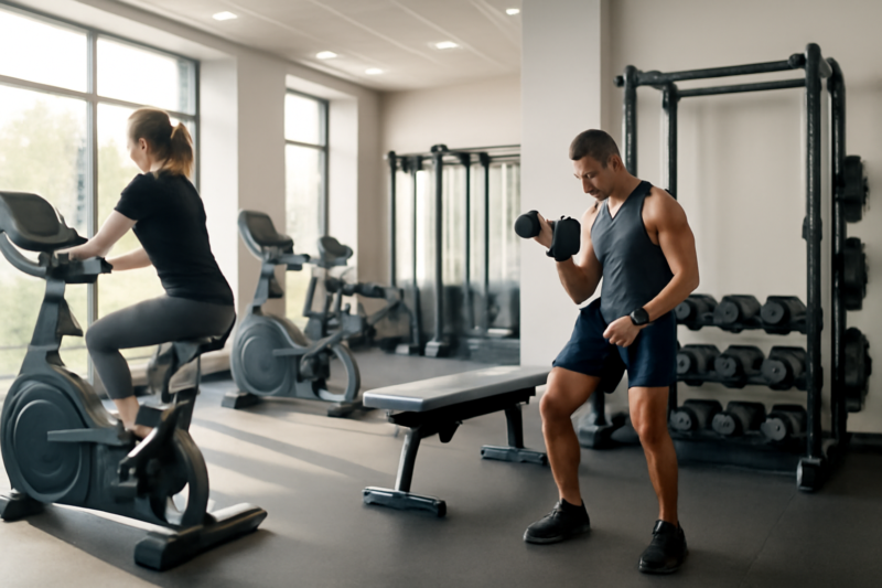 Persoon op hometrainer en persoon met dumbells in moderne sportschool