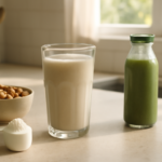 Eiwitshake in glas op keukenblad met proteïnepoeder en gezonde ingrediënten
