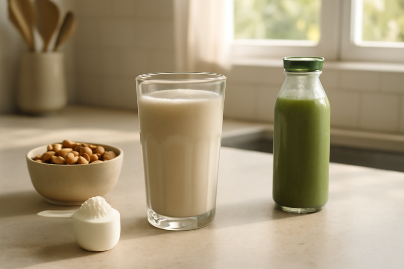 Eiwitshake in glas op keukenblad met proteïnepoeder en gezonde ingrediënten