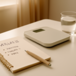 Notitieboek en weegschaal op bureau: gedragstherapie of maagballon afvallen