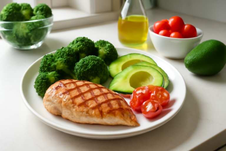 Low-carb maaltijd met kip, groenten en avocado op een witte plaat