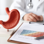 BMI-grafiek en anatomisch maagmodel op bureau van arts, maagballon beoordeling