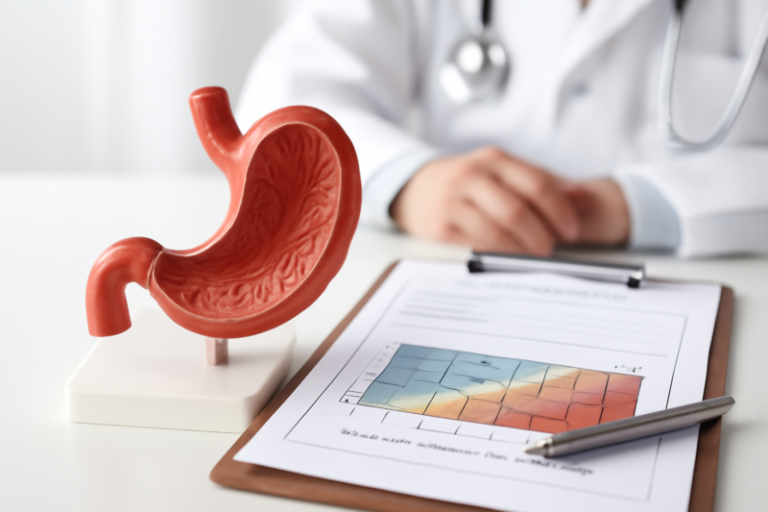 BMI-grafiek en anatomisch maagmodel op bureau van arts, maagballon beoordeling