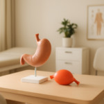 Medisch model van een maag op tafel in een rustige, lichte behandelkamer