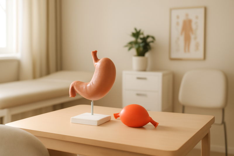 Medisch model van een maag op tafel in een rustige, lichte behandelkamer
