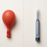 Maagballon model en GLP-1 injectiepen naast elkaar als vergelijking