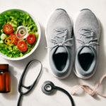 Bovenaanzicht van salade, sportschoenen, medicijnflesje, stethoscoop en meetlint als symbolen voor afvalmethoden