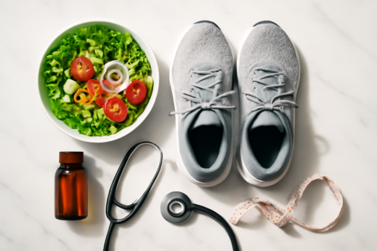 Bovenaanzicht van salade, sportschoenen, medicijnflesje, stethoscoop en meetlint als symbolen voor afvalmethoden