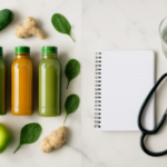 Sapkuur met groene sappen naast medische hulpmiddelen op een witte keukenbar