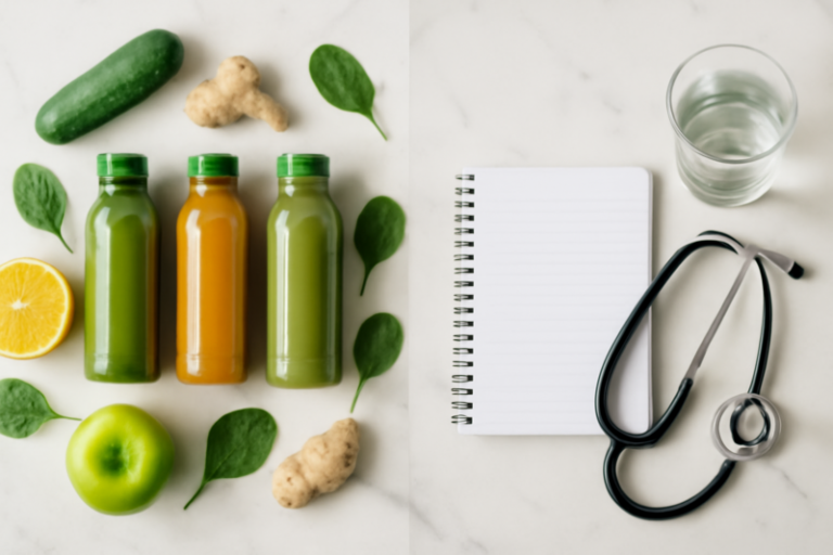 Sapkuur met groene sappen naast medische hulpmiddelen op een witte keukenbar