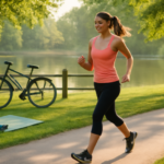 Vrouw sport buiten in park met fiets en yogamat op de achtergrond, symboliseert bewegen met maagballon