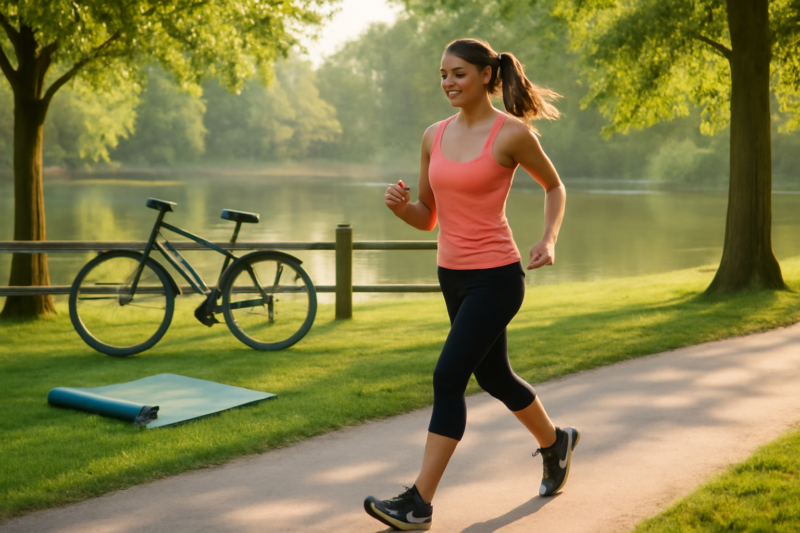 Vrouw sport buiten in park met fiets en yogamat op de achtergrond, symboliseert bewegen met maagballon