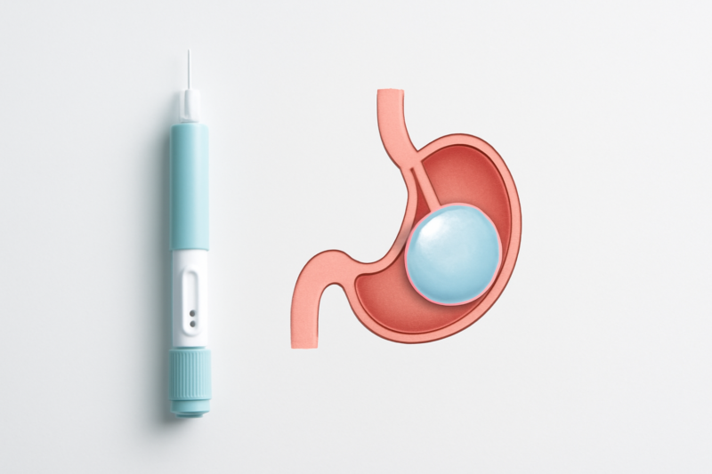 Vergelijking van afvalmedicatie-injectiepen en maagballon op een witte ondergrond