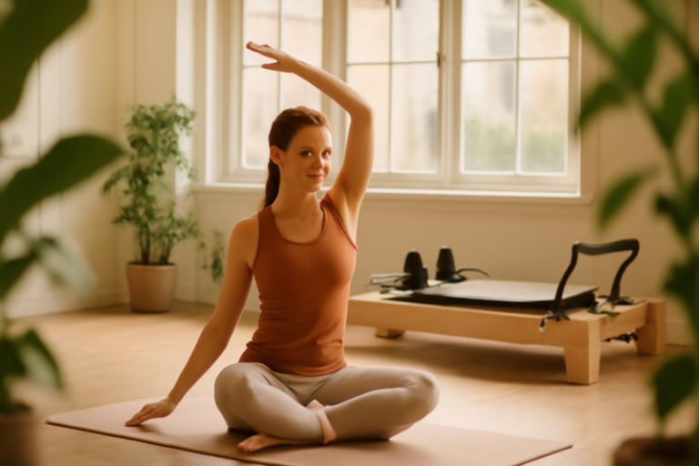 Vrouw doet yoga op mat in lichte studio, pilates apparatuur op achtergrond