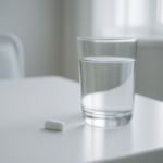 Doorslikbare maagballon capsule naast een glas water op een witte tafel
