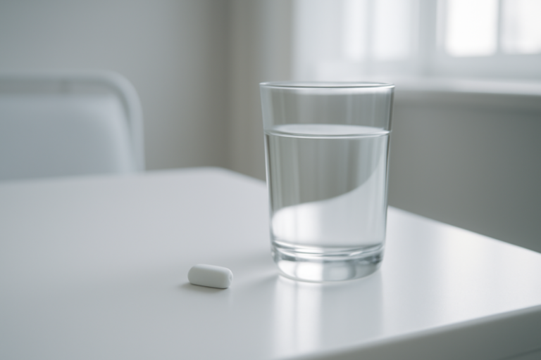 Doorslikbare maagballon capsule naast een glas water op een witte tafel
